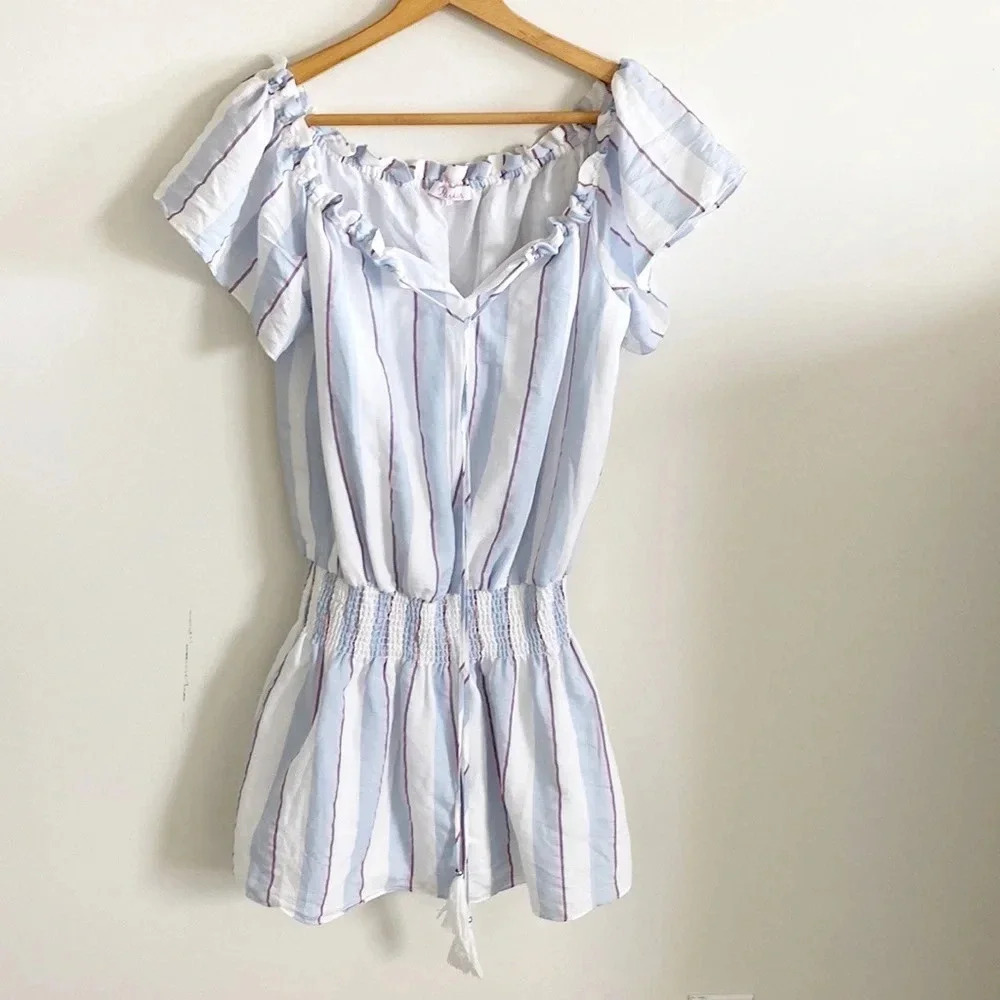 PARKER blue/white Striped off shoulder Mini Dress